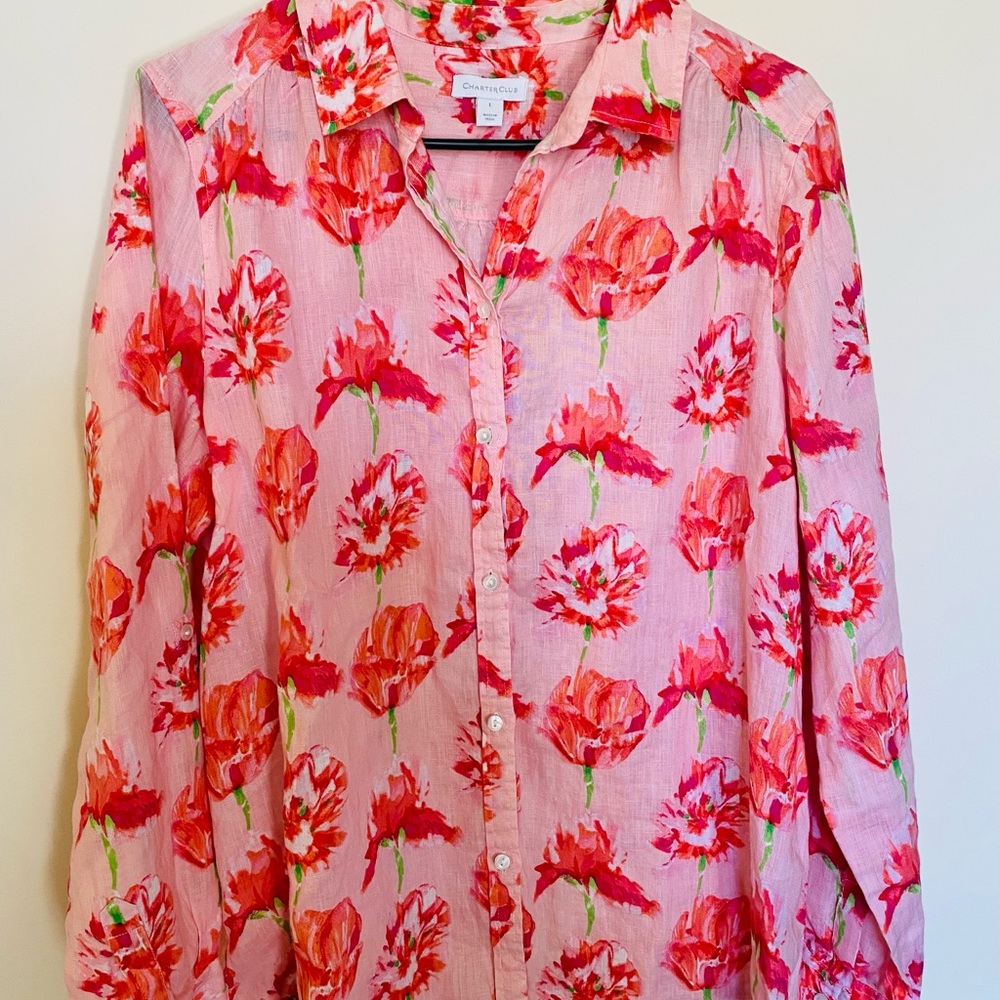 Charter Club Pink Roses Floral Button-Up Blouse Size Large 100% Linen